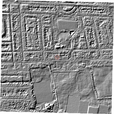 Shaded relief map of the ground around HU68DP, computed from Environment Agency LiDAR. The ground here sits at about 2 m above sea level and falls 5 m across the surrounding 800 m. Surface water reaching this point runs off ground lying to the west, 0.7 m higher.