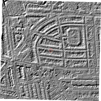 Shaded relief map of the ground around HU68DQ, computed from Environment Agency LiDAR. The ground here sits at about 2 m above sea level and falls 4 m across the surrounding 800 m. Surface water reaching this point runs off ground lying to the east-south-east, 0.9 m higher.