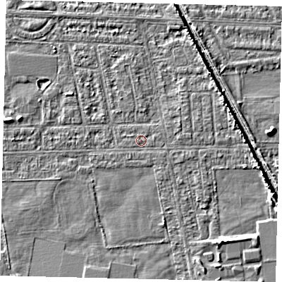 Shaded relief map of the ground around HU68DS, computed from Environment Agency LiDAR. The ground here sits at about 2 m above sea level and falls 5 m across the surrounding 800 m. The ground contributing surface water to this point lies to the east-south-east.