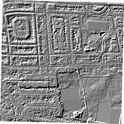 Shaded relief map of the ground around HU68DW, computed from Environment Agency LiDAR. The ground here sits at about 2 m above sea level and falls 5 m across the surrounding 800 m. Surface water reaching this point runs off ground lying to the north-west, 0.9 m higher.