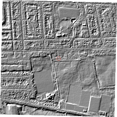 Shaded relief map of the ground around HU68DZ, computed from Environment Agency LiDAR. The ground here sits at about 1 m above sea level and falls 6 m across the surrounding 800 m. Surface water reaching this point runs off ground lying to the south-south-west, 4.7 m higher.