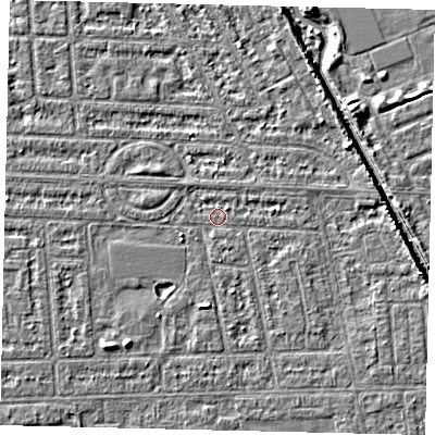 Shaded relief map of the ground around HU68EB, computed from Environment Agency LiDAR. The ground here sits at about 2 m above sea level and falls 5 m across the surrounding 800 m. Surface water reaching this point runs off ground lying to the south-west, 2.3 m higher.