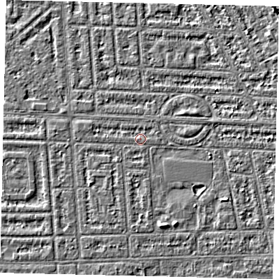 Shaded relief map of the ground around HU68EE, computed from Environment Agency LiDAR. The ground here sits at about 2 m above sea level and falls 4 m across the surrounding 800 m. Surface water reaching this point runs off ground lying to the south-west, 1.1 m higher.