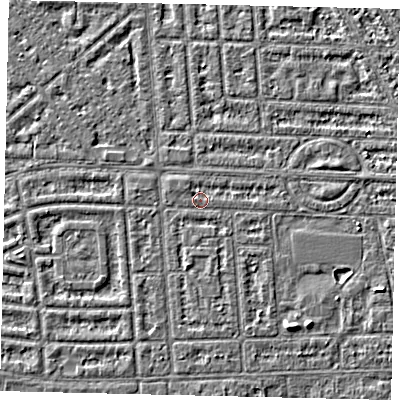 Shaded relief map of the ground around HU68EF, computed from Environment Agency LiDAR. The ground here sits at about 2 m above sea level and falls 3 m across the surrounding 800 m. Surface water reaching this point runs off ground lying to the north, 0.7 m higher.