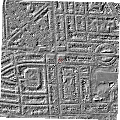 Shaded relief map of the ground around HU68EG, computed from Environment Agency LiDAR. The ground here sits at about 2 m above sea level and falls 3 m across the surrounding 800 m. Surface water reaching this point runs off ground lying to the south-south-west, 0.8 m higher.