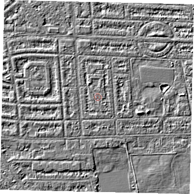 Shaded relief map of the ground around HU68EH, computed from Environment Agency LiDAR. The ground here sits at about 2 m above sea level and falls 3 m across the surrounding 800 m. The ground contributing surface water to this point lies to the north-west.
