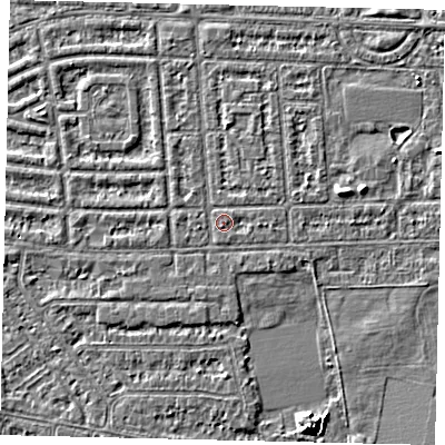 Shaded relief map of the ground around HU68EL, computed from Environment Agency LiDAR. The ground here sits at about 2 m above sea level and falls 5 m across the surrounding 800 m. Surface water reaching this point runs off ground lying to the north-north-west, 0.9 m higher.