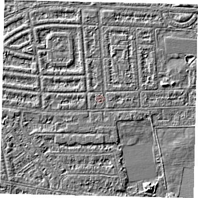 Shaded relief map of the ground around HU68EN, computed from Environment Agency LiDAR. The ground here sits at about 2 m above sea level and falls 5 m across the surrounding 800 m. Surface water reaching this point runs off ground lying to the north-north-west, 0.9 m higher.