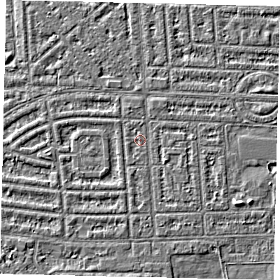 Shaded relief map of the ground around HU68ER, computed from Environment Agency LiDAR. The ground here sits at about 2 m above sea level and falls 3 m across the surrounding 800 m. Surface water reaching this point runs off ground lying to the south-south-west, 0.8 m higher.