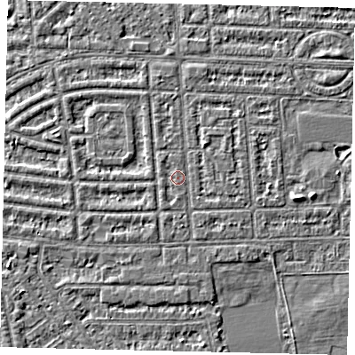 Shaded relief map of the ground around HU68EW, computed from Environment Agency LiDAR. The ground here sits at about 2 m above sea level and falls 3 m across the surrounding 800 m. Surface water reaching this point runs off ground lying to the east-south-east, 0.7 m higher.