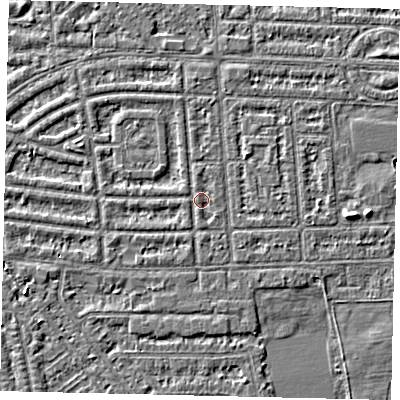 Shaded relief map of the ground around HU68EY, computed from Environment Agency LiDAR. The ground here sits at about 2 m above sea level and falls 3 m across the surrounding 800 m. Surface water reaching this point runs off ground lying to the north, 0.9 m higher.