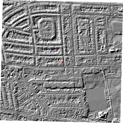Shaded relief map of the ground around HU68EZ, computed from Environment Agency LiDAR. The ground here sits at about 2 m above sea level and falls 5 m across the surrounding 800 m. Surface water reaching this point runs off ground lying to the east, 0.6 m higher.