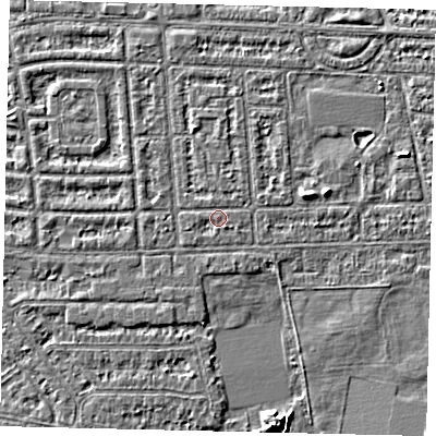 Shaded relief map of the ground around HU68HB, computed from Environment Agency LiDAR. The ground here sits at about 2 m above sea level and falls 5 m across the surrounding 800 m. Surface water reaching this point runs off ground lying to the south-east, 0.7 m higher.