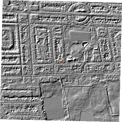 Shaded relief map of the ground around HU68HD, computed from Environment Agency LiDAR. The ground here sits at about 2 m above sea level and falls 3 m across the surrounding 800 m. The ground contributing surface water to this point lies to the west-south-west.