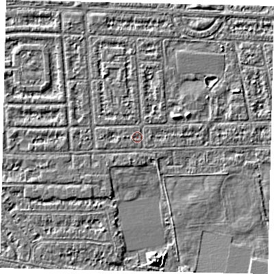 Shaded relief map of the ground around HU68HE, computed from Environment Agency LiDAR. The ground here sits at about 2 m above sea level and falls 5 m across the surrounding 800 m. Surface water reaching this point runs off ground lying to the north-north-west, 0.6 m higher.