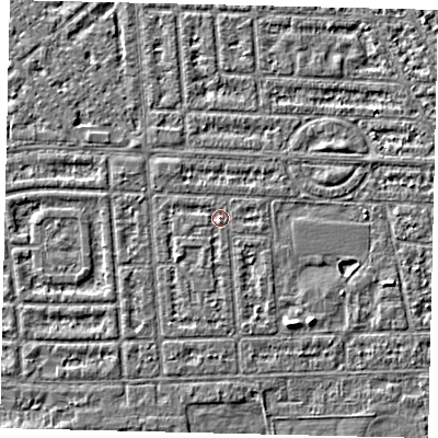 Shaded relief map of the ground around HU68HH, computed from Environment Agency LiDAR. The ground here sits at about 2 m above sea level and falls 3 m across the surrounding 800 m. Surface water reaching this point runs off ground lying to the south-west, 1.1 m higher.