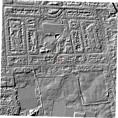 Shaded relief map of the ground around HU68HP, computed from Environment Agency LiDAR. The ground here sits at about 2 m above sea level and falls 6 m across the surrounding 800 m. Surface water reaching this point runs off ground lying to the west-north-west, 1.9 m higher.