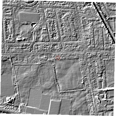 Shaded relief map of the ground around HU68HQ, computed from Environment Agency LiDAR. The ground here sits at about 2 m above sea level and falls 6 m across the surrounding 800 m. The ground contributing surface water to this point lies to the east-north-east.