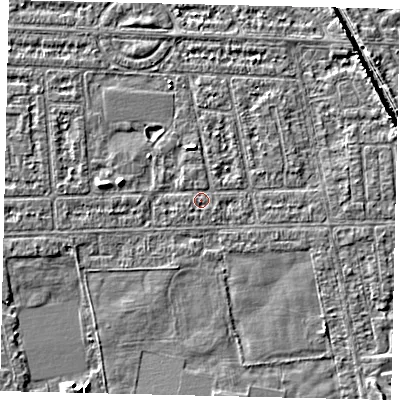 Shaded relief map of the ground around HU68HR, computed from Environment Agency LiDAR. The ground here sits at about 2 m above sea level and falls 5 m across the surrounding 800 m. The ground contributing surface water to this point lies to the north-west.