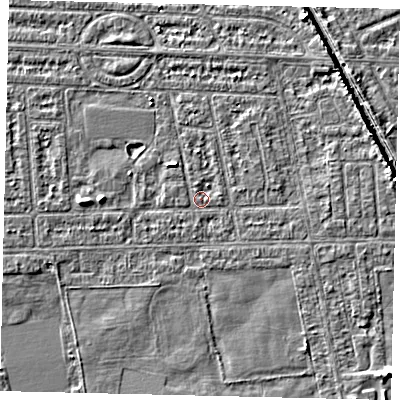 Shaded relief map of the ground around HU68HS, computed from Environment Agency LiDAR. The ground here sits at about 2 m above sea level and falls 5 m across the surrounding 800 m. Surface water reaching this point runs off ground lying to the north-west, 1.4 m higher.