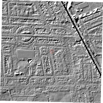 Shaded relief map of the ground around HU68HX, computed from Environment Agency LiDAR. The ground here sits at about 2 m above sea level and falls 5 m across the surrounding 800 m. Surface water reaching this point runs off ground lying to the west-south-west, 2.3 m higher.
