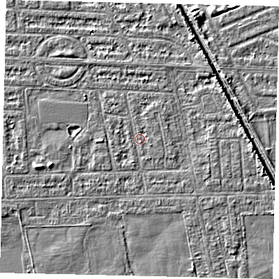 Shaded relief map of the ground around HU68HY, computed from Environment Agency LiDAR. The ground here sits at about 2 m above sea level and falls 5 m across the surrounding 800 m. Surface water reaching this point runs off ground lying to the west-south-west, 2.3 m higher.