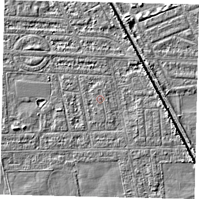 Shaded relief map of the ground around HU68JB, computed from Environment Agency LiDAR. The ground here sits at about 2 m above sea level and falls 5 m across the surrounding 800 m. The ground contributing surface water to this point lies to the east-south-east.