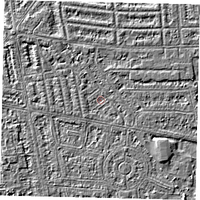 Shaded relief map of the ground around HU68JF, computed from Environment Agency LiDAR. The ground here sits at about 2 m above sea level and falls 4 m across the surrounding 800 m. Surface water reaching this point runs off ground lying to the west-south-west, 0.8 m higher.