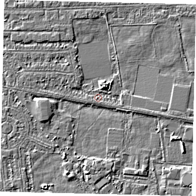 Shaded relief map of the ground around HU68JG, computed from Environment Agency LiDAR. The ground here sits at about 2 m above sea level and falls 6 m across the surrounding 800 m. Surface water reaching this point runs off ground lying to the north-north-east, 4.0 m higher.