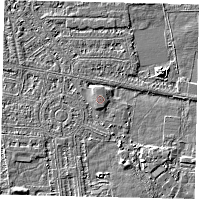Shaded relief map of the ground around HU68JJ, computed from Environment Agency LiDAR. The ground here sits at about 3 m above sea level and falls 6 m across the surrounding 800 m. The ground contributing surface water to this point lies to the north.