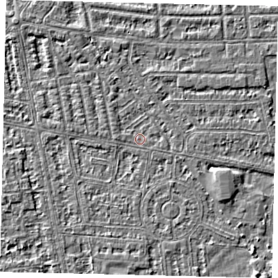 Shaded relief map of the ground around HU68JL, computed from Environment Agency LiDAR. The ground here sits at about 2 m above sea level and falls 4 m across the surrounding 800 m. Surface water reaching this point runs off ground lying to the east-south-east, 0.6 m higher.