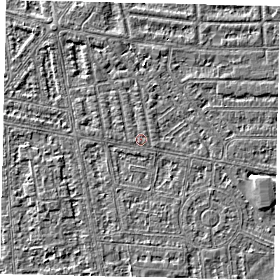 Shaded relief map of the ground around HU68JN, computed from Environment Agency LiDAR. The ground here sits at about 2 m above sea level and falls 3 m across the surrounding 800 m. Surface water reaching this point runs off ground lying to the north, 0.6 m higher.