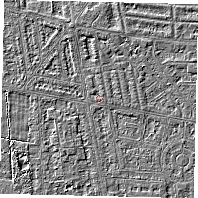 Shaded relief map of the ground around HU68JP, computed from Environment Agency LiDAR. The ground here sits at about 2 m above sea level and falls 3 m across the surrounding 800 m. Surface water reaching this point runs off ground lying to the east, 1.2 m higher.