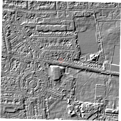 Shaded relief map of the ground around HU68JQ, computed from Environment Agency LiDAR. The ground here sits at about 1 m above sea level and falls 6 m across the surrounding 800 m. Surface water reaching this point runs off ground lying to the north-west, 0.8 m higher.