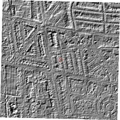 Shaded relief map of the ground around HU68JR, computed from Environment Agency LiDAR. The ground here sits at about 2 m above sea level and falls 3 m across the surrounding 800 m. The ground contributing surface water to this point lies to the south-south-east.