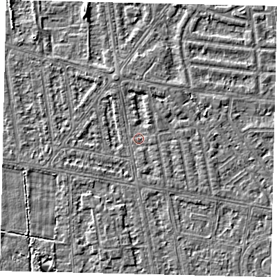 Shaded relief map of the ground around HU68JS, computed from Environment Agency LiDAR. The ground here sits at about 2 m above sea level and falls 3 m across the surrounding 800 m. Surface water reaching this point runs off ground lying to the north-north-east, 1.7 m higher.