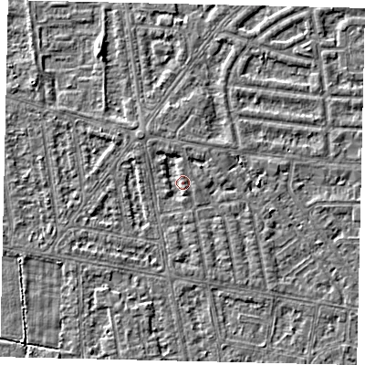 Shaded relief map of the ground around HU68JT, computed from Environment Agency LiDAR. The ground here sits at about 3 m above sea level and falls 3 m across the surrounding 800 m. Surface water reaching this point runs off ground lying to the north-north-west, 1.5 m higher.