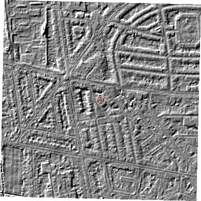Shaded relief map of the ground around HU68JU, computed from Environment Agency LiDAR. The ground here sits at about 2 m above sea level and falls 3 m across the surrounding 800 m. Surface water reaching this point runs off ground lying to the north-north-west, 1.0 m higher.