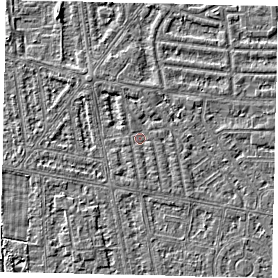 Shaded relief map of the ground around HU68JX, computed from Environment Agency LiDAR. The ground here sits at about 2 m above sea level and falls 3 m across the surrounding 800 m. Surface water reaching this point runs off ground lying to the south-south-east, 0.8 m higher.