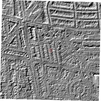 Shaded relief map of the ground around HU68JZ, computed from Environment Agency LiDAR. The ground here sits at about 2 m above sea level and falls 3 m across the surrounding 800 m. Surface water reaching this point runs off ground lying to the south-east, 0.7 m higher.