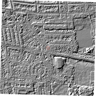 Shaded relief map of the ground around HU68LG, computed from Environment Agency LiDAR. The ground here sits at about 2 m above sea level and falls 6 m across the surrounding 800 m. The ground contributing surface water to this point lies to the south-south-west.