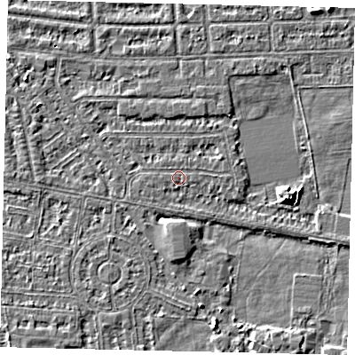 Shaded relief map of the ground around HU68LH, computed from Environment Agency LiDAR. The ground here sits at about 2 m above sea level and falls 6 m across the surrounding 800 m. The ground contributing surface water to this point lies to the west.