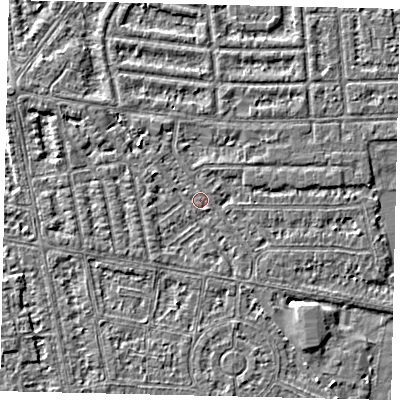 Shaded relief map of the ground around HU68LL, computed from Environment Agency LiDAR. The ground here sits at about 2 m above sea level and falls 3 m across the surrounding 800 m. Surface water reaching this point runs off ground lying to the north-west, 2.6 m higher.