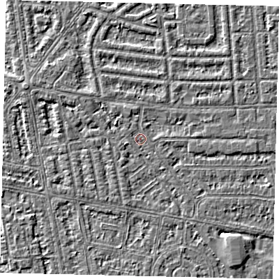 Shaded relief map of the ground around HU68LN, computed from Environment Agency LiDAR. The ground here sits at about 2 m above sea level and falls 3 m across the surrounding 800 m. Surface water reaching this point runs off ground lying to the west-north-west, 2.6 m higher.