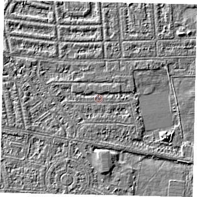 Shaded relief map of the ground around HU68LP, computed from Environment Agency LiDAR. The ground here sits at about 2 m above sea level and falls 6 m across the surrounding 800 m. Surface water reaching this point runs off ground lying to the west-north-west, 0.9 m higher.
