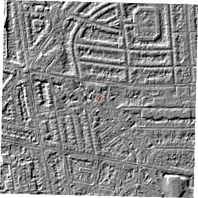 Shaded relief map of the ground around HU68LQ, computed from Environment Agency LiDAR. The ground here sits at about 2 m above sea level and falls 4 m across the surrounding 800 m. Surface water reaching this point runs off ground lying to the west, 1.8 m higher.
