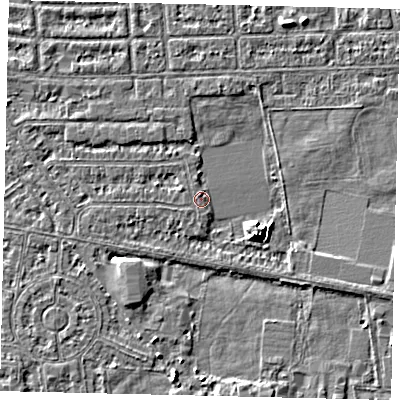 Shaded relief map of the ground around HU68LR, computed from Environment Agency LiDAR. The ground here sits at about 2 m above sea level and falls 6 m across the surrounding 800 m. Surface water reaching this point runs off ground lying to the east-south-east, 4.7 m higher.