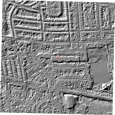Shaded relief map of the ground around HU68LS, computed from Environment Agency LiDAR. The ground here sits at about 2 m above sea level and falls 6 m across the surrounding 800 m. Surface water reaching this point runs off ground lying to the west-south-west, 0.5 m higher.