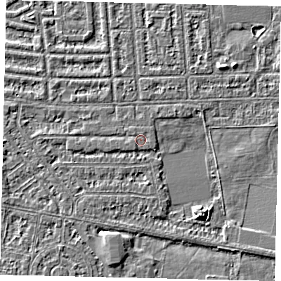 Shaded relief map of the ground around HU68LT, computed from Environment Agency LiDAR. The ground here sits at about 2 m above sea level and falls 6 m across the surrounding 800 m. Surface water reaching this point runs off ground lying to the west, 0.5 m higher.
