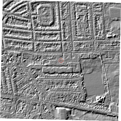 Shaded relief map of the ground around HU68LW, computed from Environment Agency LiDAR. The ground here sits at about 2 m above sea level and falls 6 m across the surrounding 800 m. The ground contributing surface water to this point lies to the west.